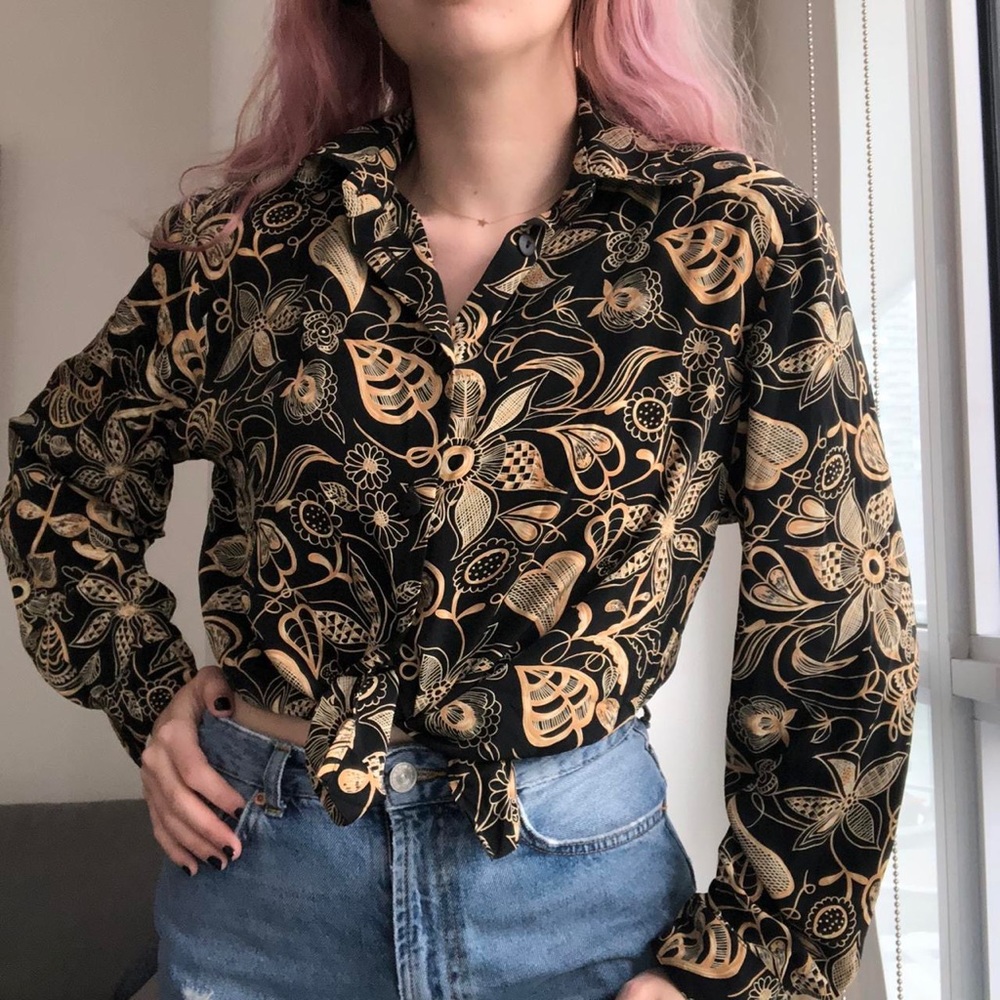 Vintage 80s black and gold floral patterned blouse